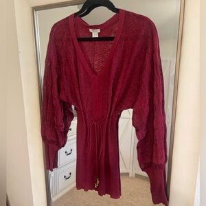 Women Vintage Cache Burgundy Knit Pullover Sweater Medium Drawstring Belt Waist